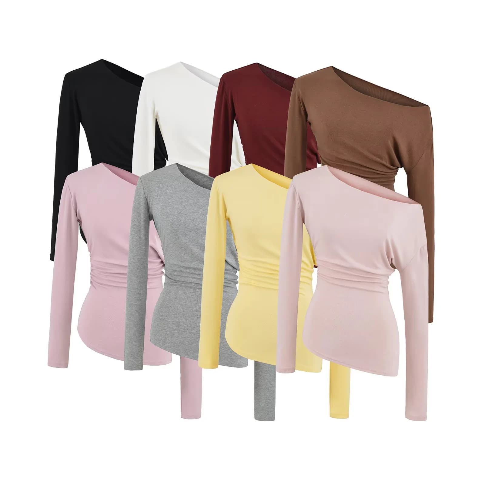 Oblique shoulder waist T knitted long sleeve T huge good-looking irregular slim temperament gentle design top women's autumn multi-color
