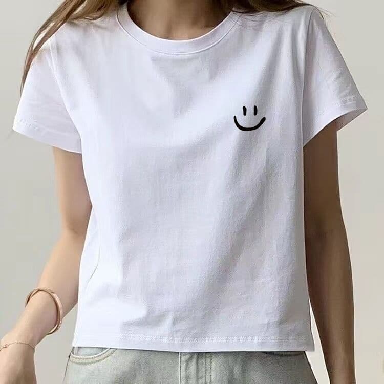 White T-shirt for women, short crop top with short sleeves, versatile printed round neck, ins style petite crop top