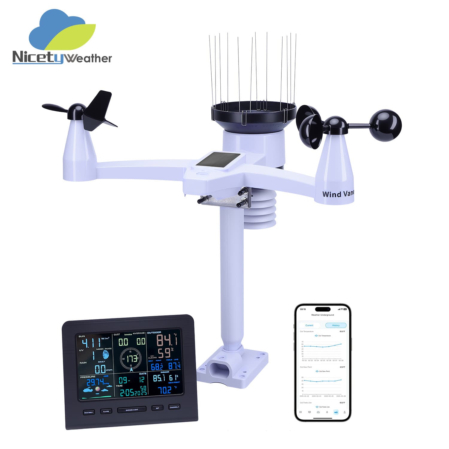 Smart WiFi Weather Station" 7-in-1 monitoring for wind/rain/light/temperature/humidity | Electronic clock + weather forecast