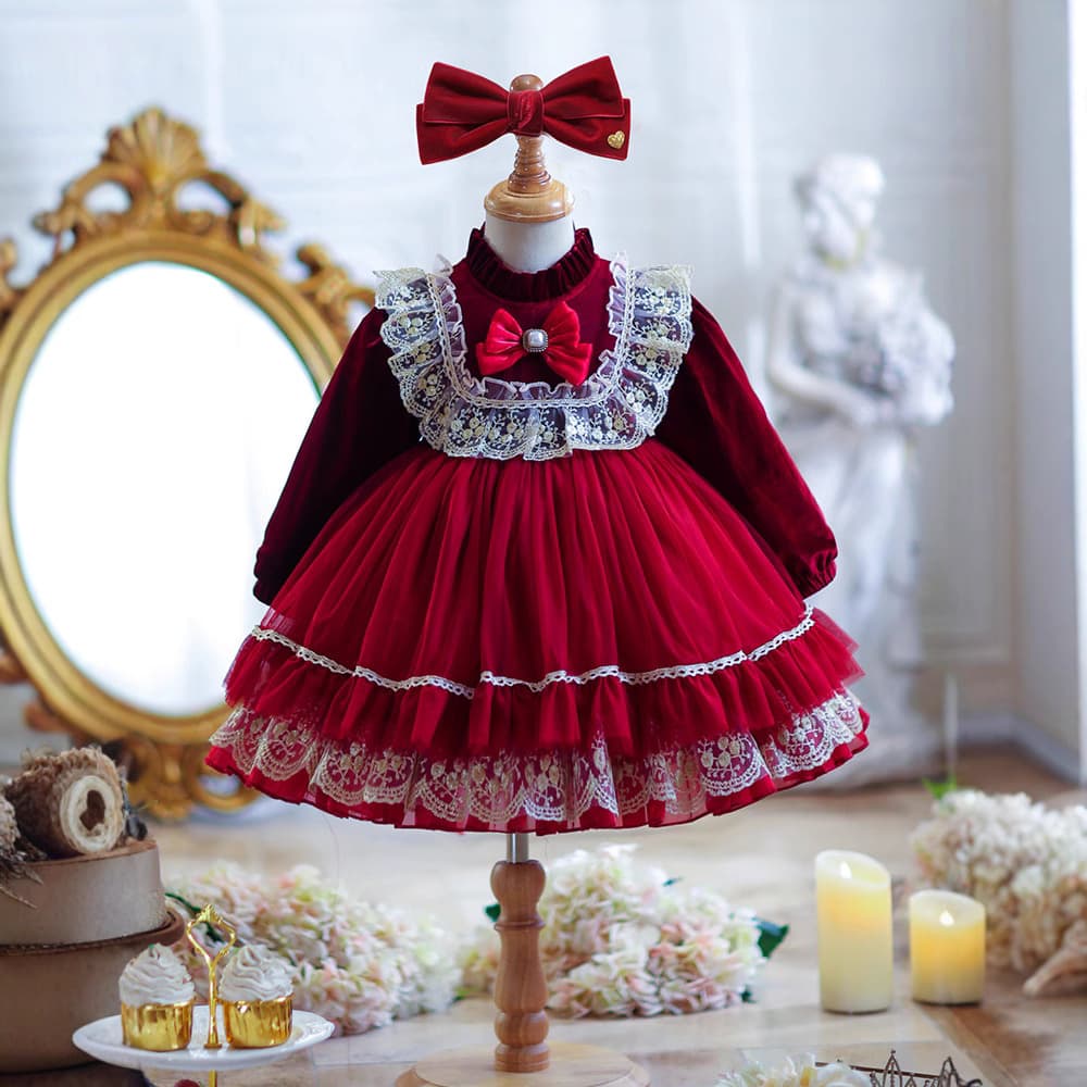 Girls' Autumn Winter New Year Dress Red Lolita Princess Dress Chinese New Year Outfit Elegant High-End Court Style Dress