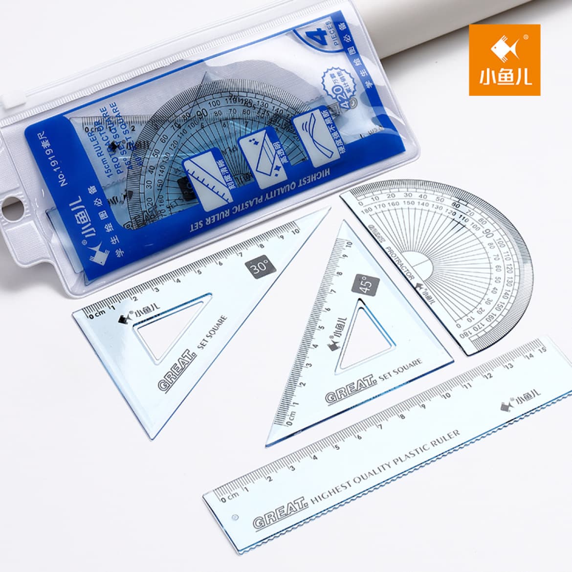 Wholesale Xiaoyuer 1919 student ruler set four-piece set ruler triangle ruler protractor office transparent set ruler measurement