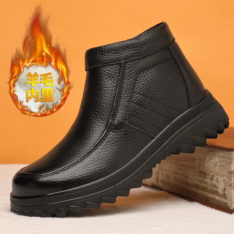 Men's Cotton Shoes Winter Warm Fleece-Lined Thickened Genuine Leather Wool Unisex Middle-Aged/Elderly Large Size Dad Cotton Leather Shoes