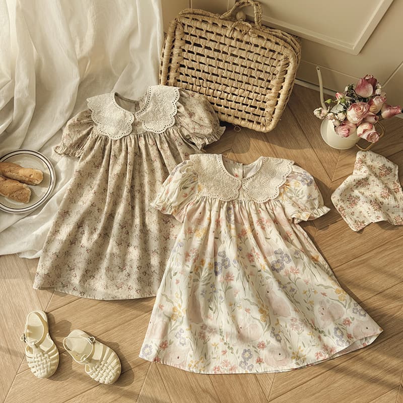 2026 Summer New Style French Cartoon Print Lace Doll Collar Girls Dress Princess Dress Short Sleeve Baby Dress