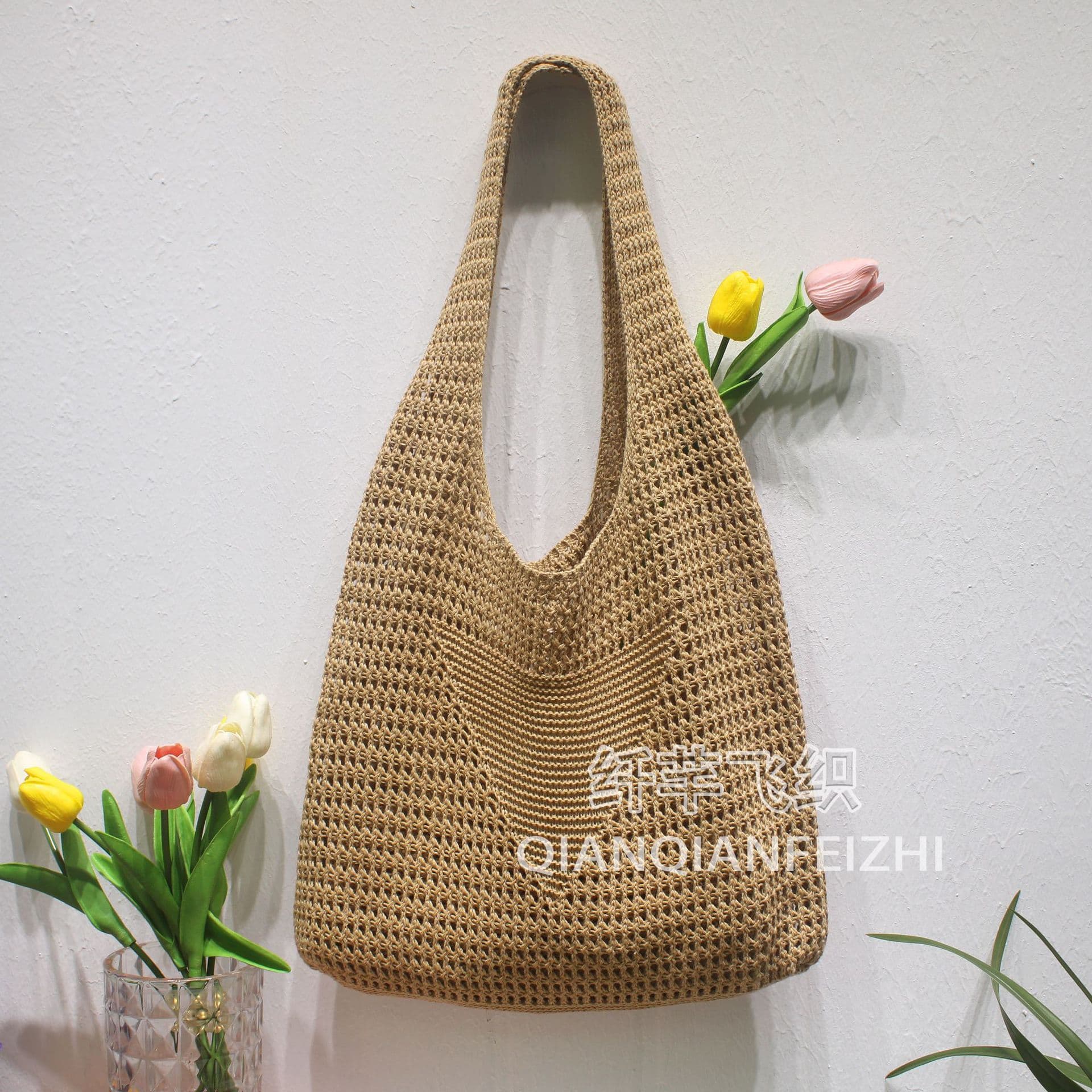New Knitted Bag Handwoven Retro Tote Bag Shoulder Bag Women's Yarn Handbag Shopping Bag
