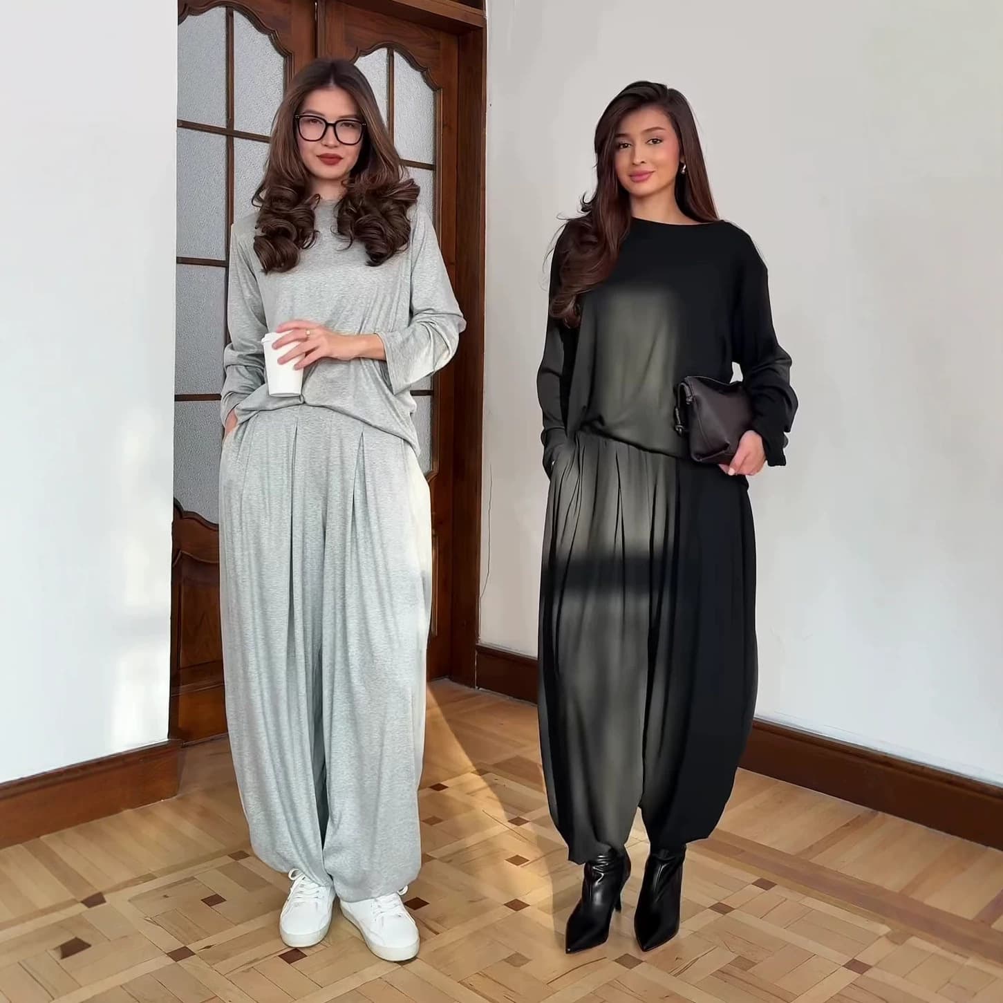 INS European and American Cross-Border Women's New Round Neck Long Sleeve Soft Solid Color Loose Wide-Leg Pants Casual Fashion Set