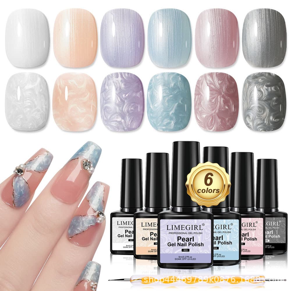 LIMEGIRL Japanese Gentle Porcelain Mica 6-Color Mother-of-Pearl Ocean Nail Thread Gel Polish Set