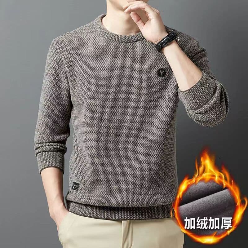 Winter Fleece-Lined Thick Knit Sweater for Men, Round Neck Fashionable Knitwear, Thick Base Layer Men's Clothing, Drop Shipping