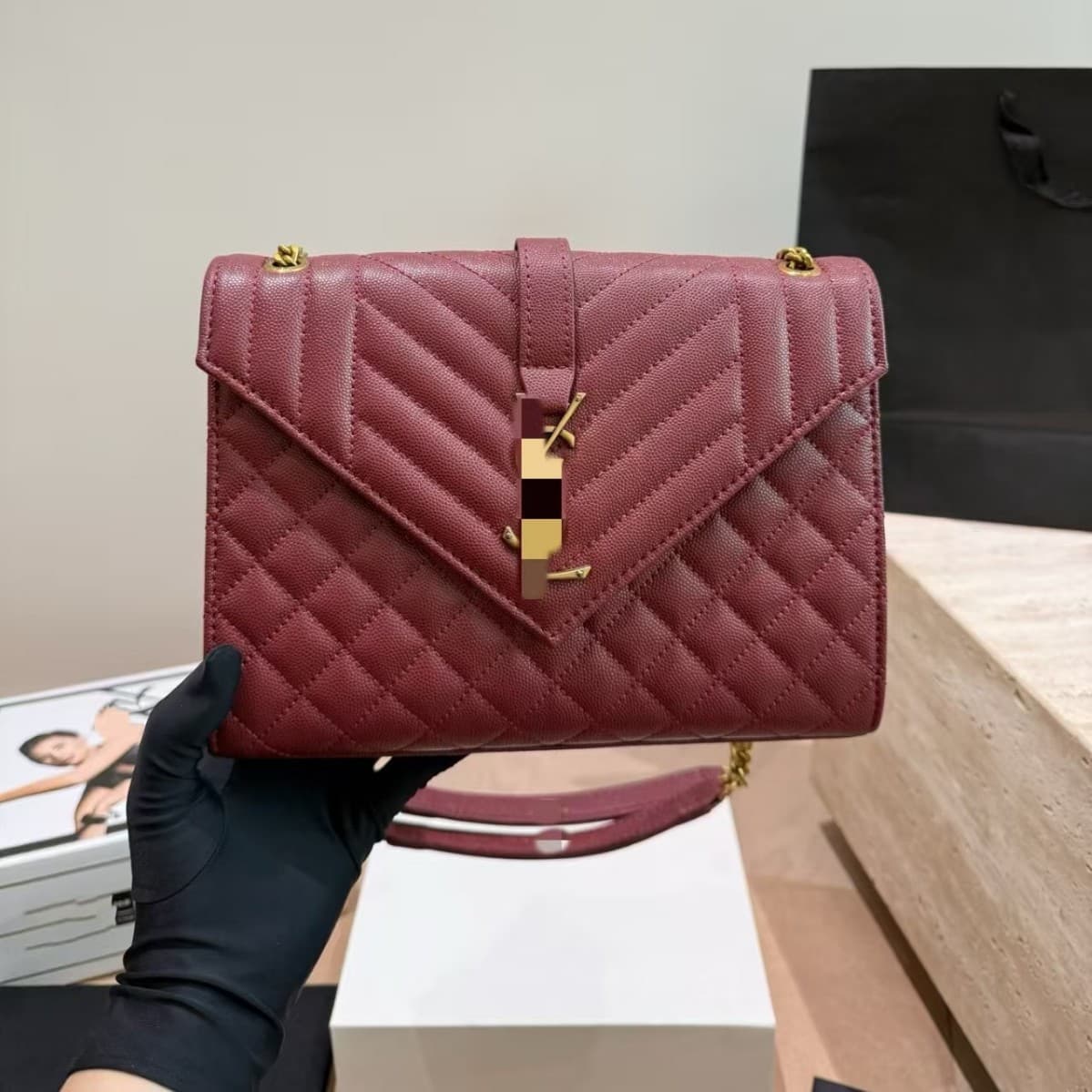 New Cross-border YSL Style Genuine Cowhide Premium Diamond Quilted Patent Leather Envelope Chain Shoulder Crossbody Small Square Bag