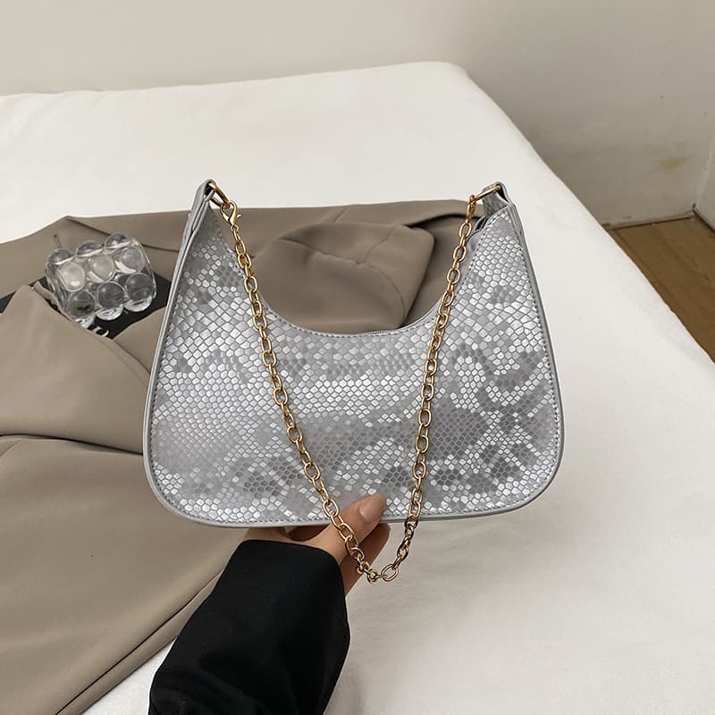 Cross-Border Women's Bag 2025 New Style Underarm Bag Pearl Snake Print Baguette Bag Shoulder Crossbody Bag Textured Handbag