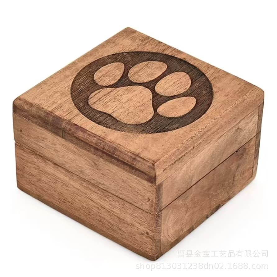 Square Wooden Pet Urn with Flip Lid, Paw Print Memorial Box for Cat and Dog Funeral Supplies