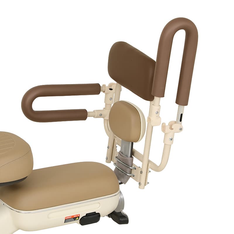 Electric vehicle child seat with front and rear folding mechanism, rear child guardrail and handrail, electric scooter baby safety seat