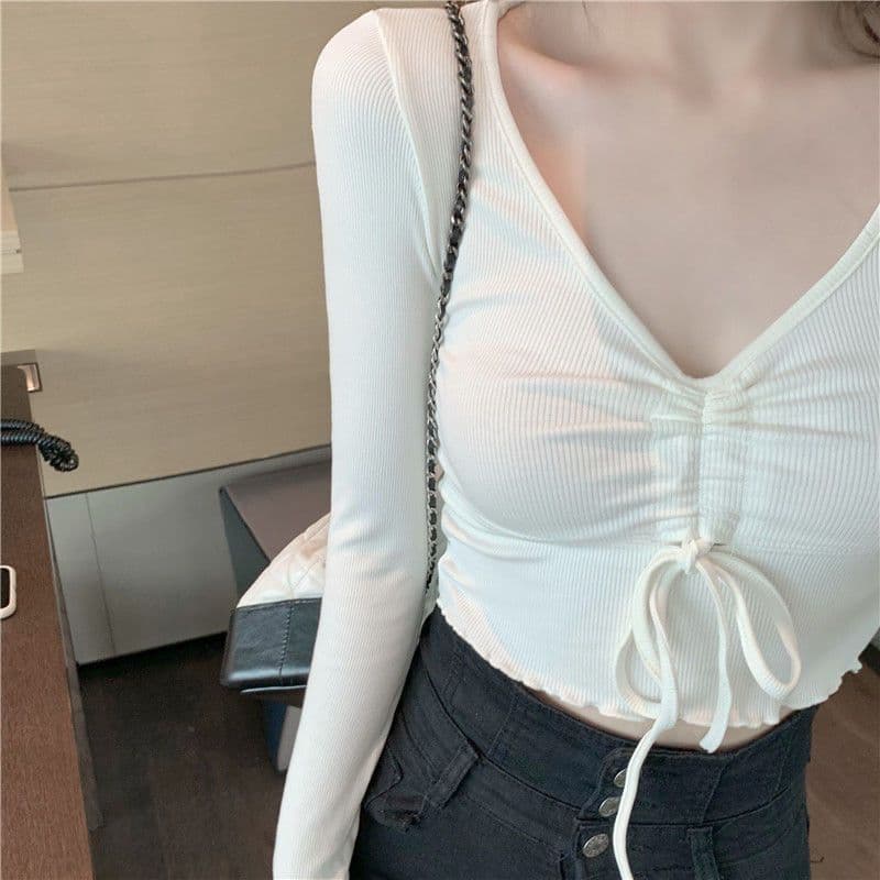 Sexy Collar Collar Shirt Long-sleeved Women's Design Sense Niche Autumn New Slim-fit Drawstring Short Base Shirt Top