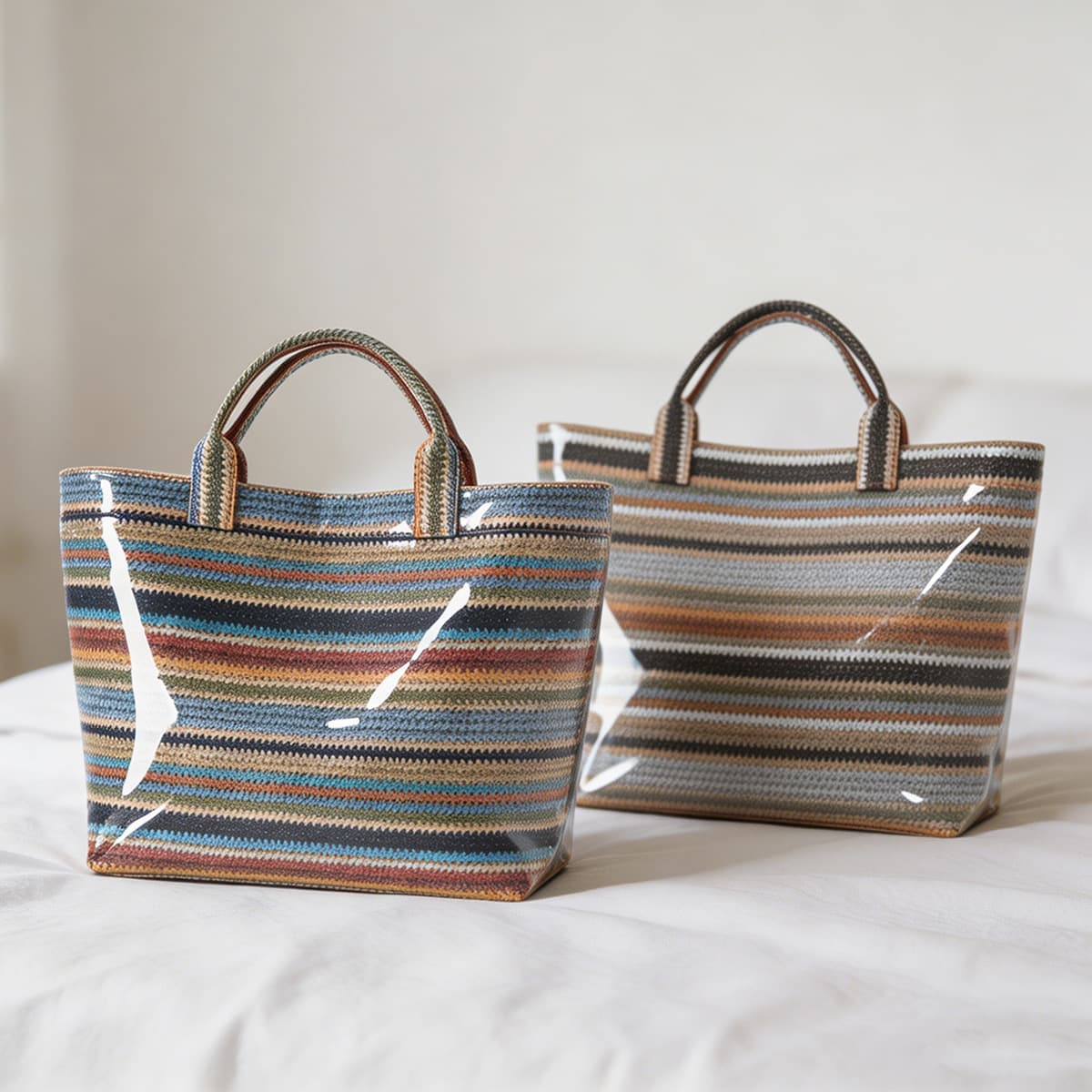 Cross-Border Waterproof PVC Glossy Tote Bag, Retro Striped Faux Woven Handbag, Large Capacity Beach Bag