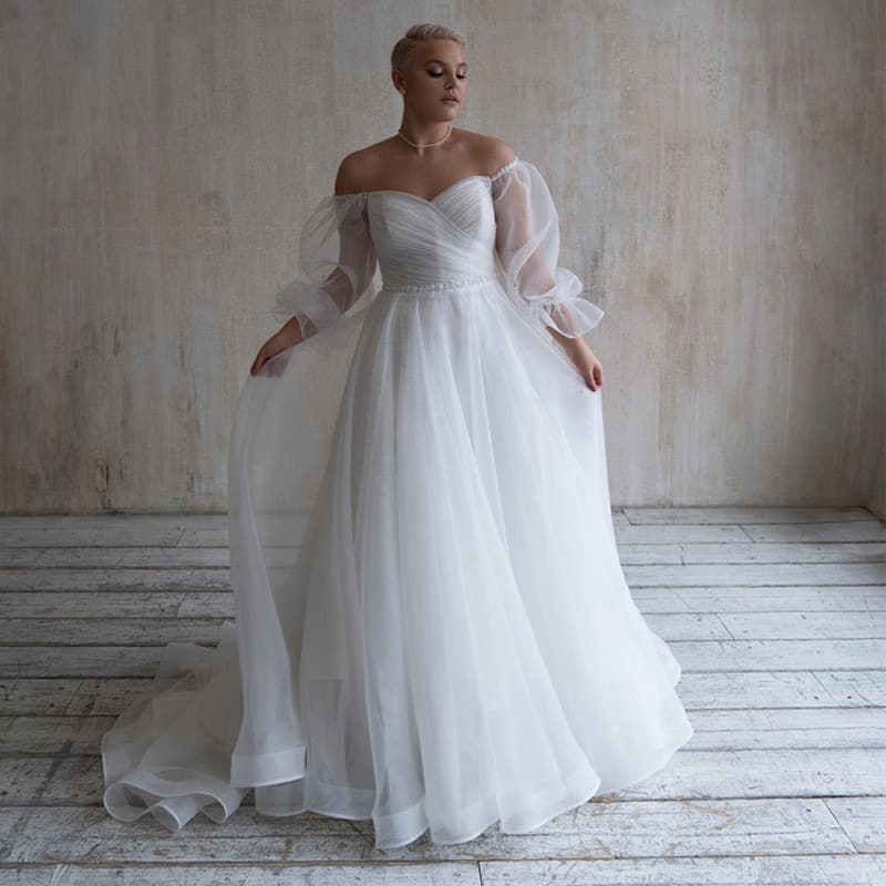 Elegant Large Size Bridal Gown with Shoulder Bared European Organza A-Line Flared Skirt for Formal Party Polyester Fabric