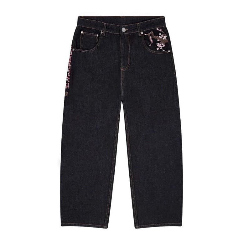 derschutze European and American retro plum blossom embroidered straight pants for men and women, versatile personality street fashion jeans cross-border