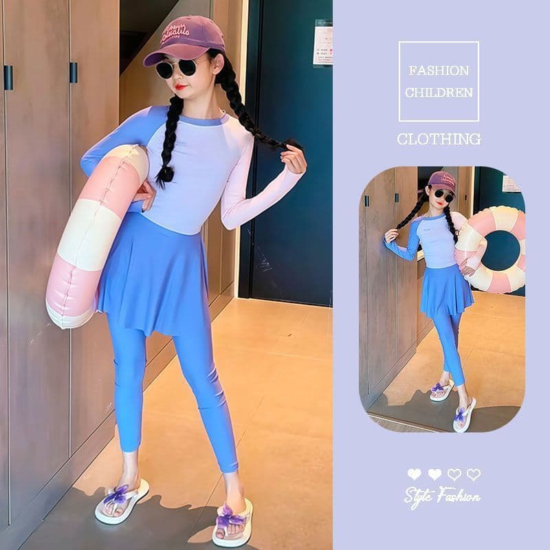Girls' Two-Piece Swimsuit Summer 2025 New Small and Mid-Child Color-Block Long Sleeve Sun Protection Swimsuit Casual Quick-Dry Swimwear