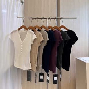 Henley Neck Button Short Sleeve Knit Top for Women Fitted Slim Short Thin Regular Shoulder Commute Top Cross-Border Supply