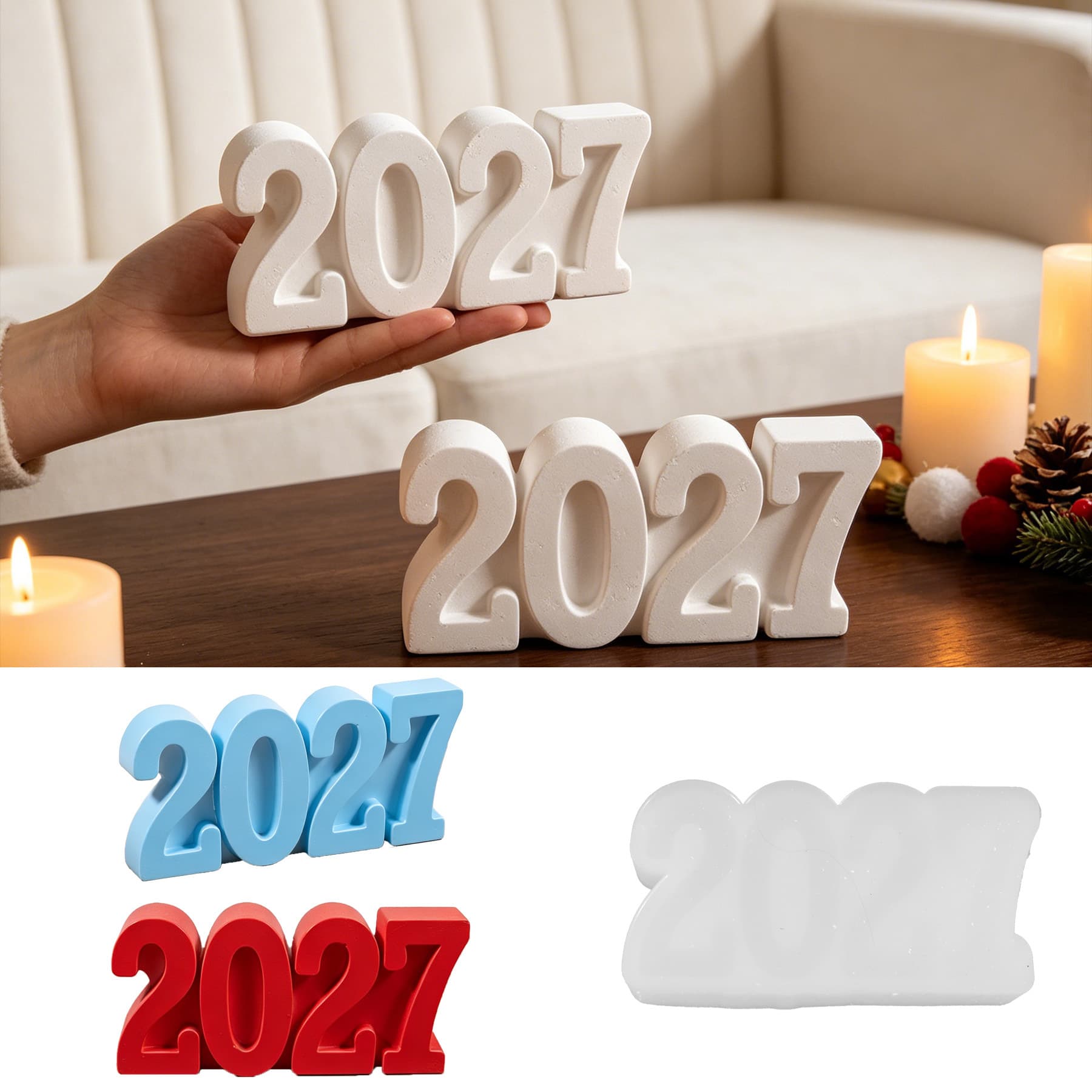 New Year 2027 Number Candle Silicone Mold, DIY New Year Holiday Plaster Decoration