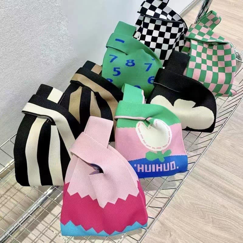 Ins Influencer Handbag Women Knitted Yarn Bucket Bag Korean Japanese Style Versatile Handheld Casual Tote Lunch Bag