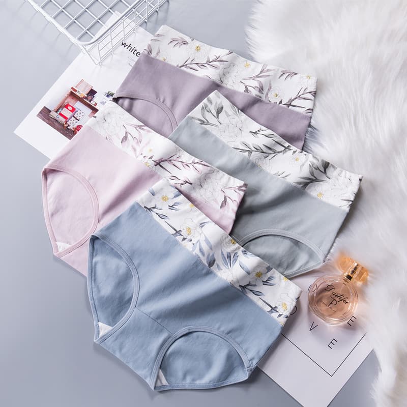 High Waist Pure Cotton Underwear Women's Floral Print Large Size Abdomen Control Seamless Ladies Triangle Shorts