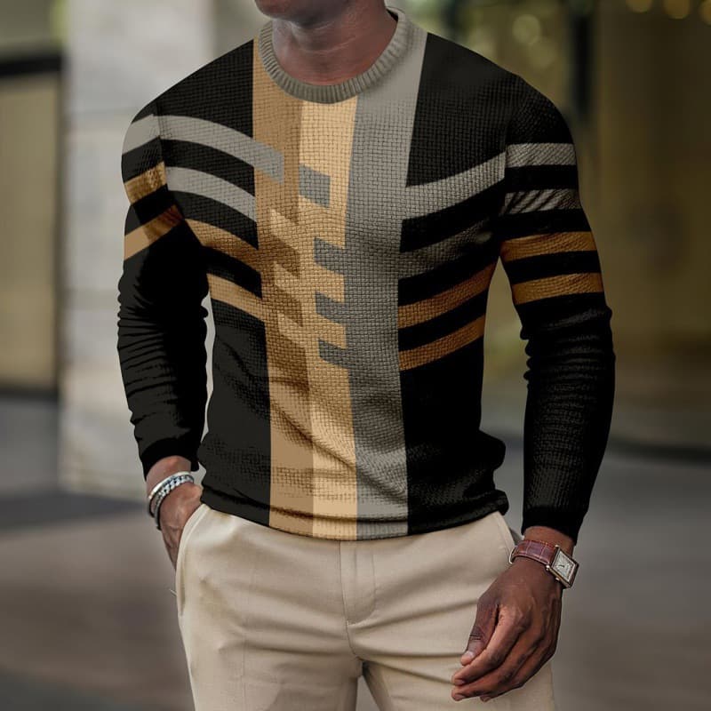 Cross-border men's 3D pullover plaid striped casual top long-sleeved T-shirt independent station