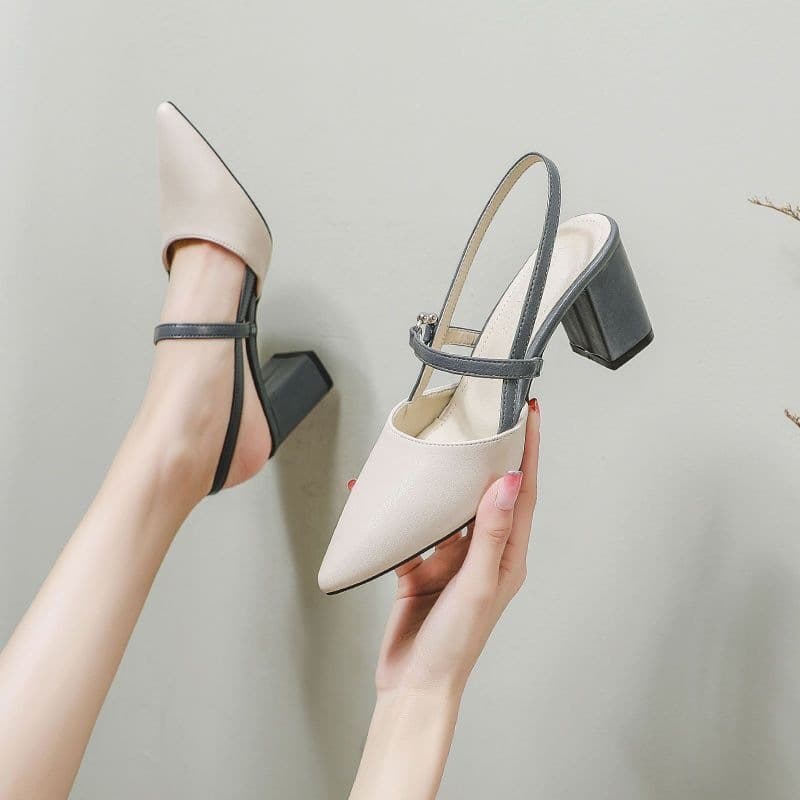 2026 New Style Thin Strap Closed-Toe Women's Shoes, Slip-Resistant and Durable, Simple Commuter Style, Pointed Toe Chunky Heel Open-Back Sandals for Women
