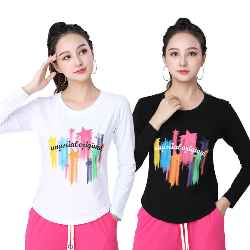 New Women's Colorful Printed T-shirt for Square Dance, Spring/Summer, Dancewear, Exercise Clothing