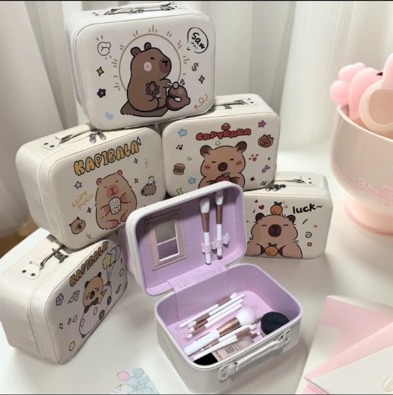 Cartoon Kapibala Portable Cosmetic Case Large Capacity Skin Care Products Cosmetic Bag with Mirror Portable Storage Bag Wholesale
