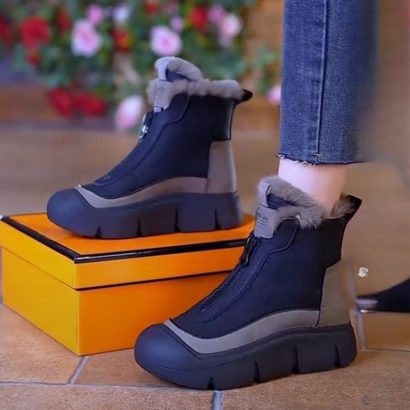 Zipper Snow Boots Women 2025 Autumn Winter New Fleece Warm Leather Boots Fashion Casual Thick Sole Cotton Boots Soft Sole Women's Shoes