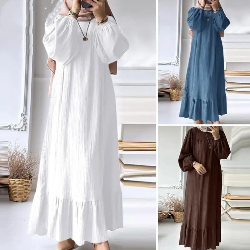 Women's Fashion O-Neck Long Sleeve Abaya Dress Vintage Solid Ruffle Hem Sundress