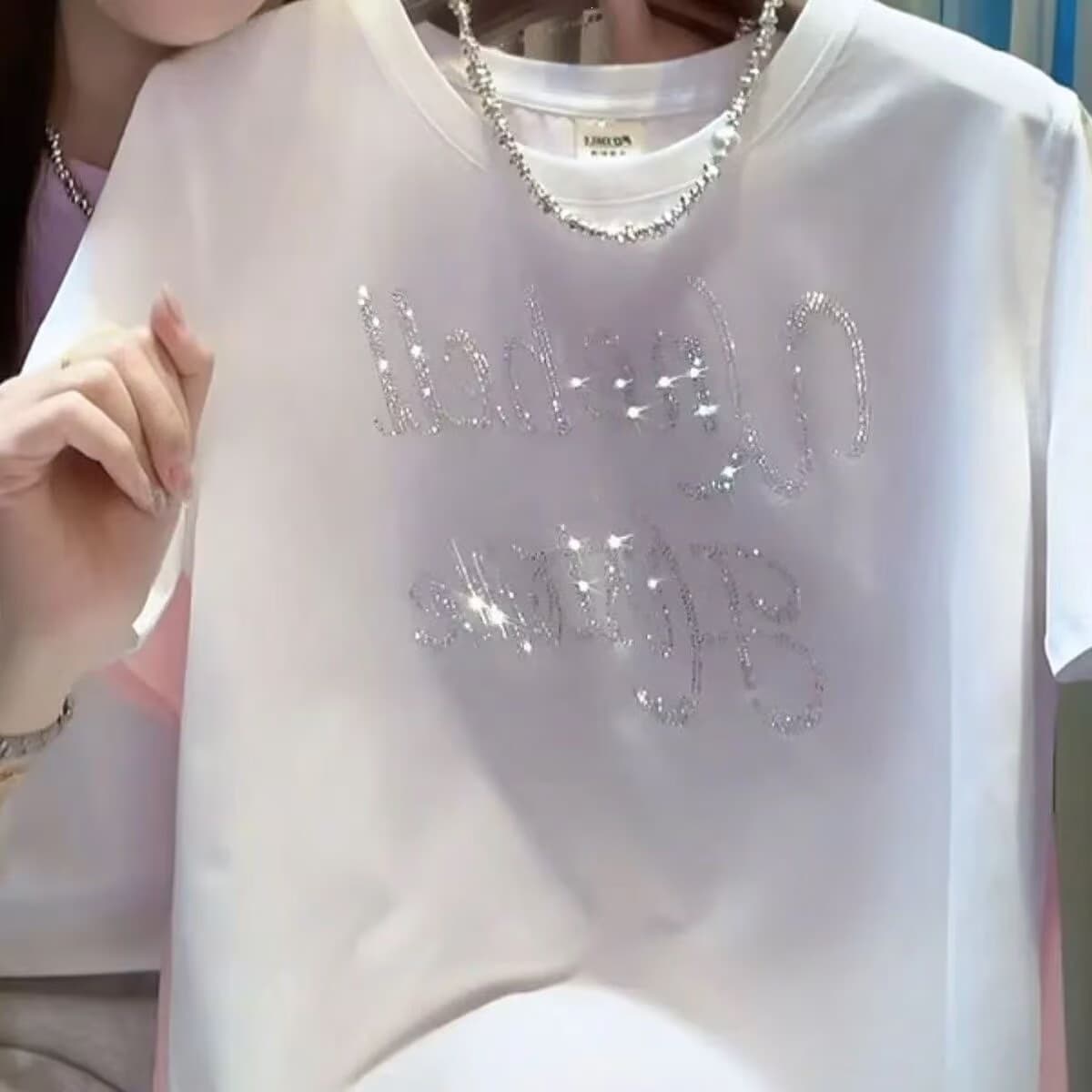 【Plus Size 200 lbs】 92% Cotton 8% Spandex Summer Ice Silk Cool Touch Round Neck Rhinestone Heavy Craft Women's Slimming Top