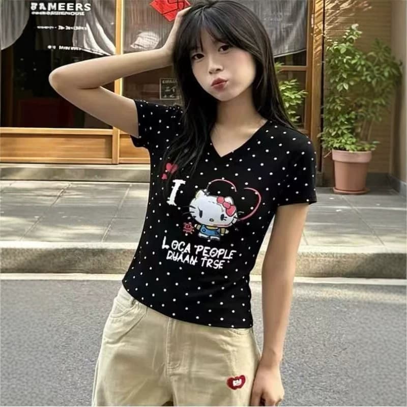2026 New Sweet Cartoon Print Summer Korean Style V-Neck Polka Dot Fashion Regular Shoulder Print Short-Sleeve T-Shirt
