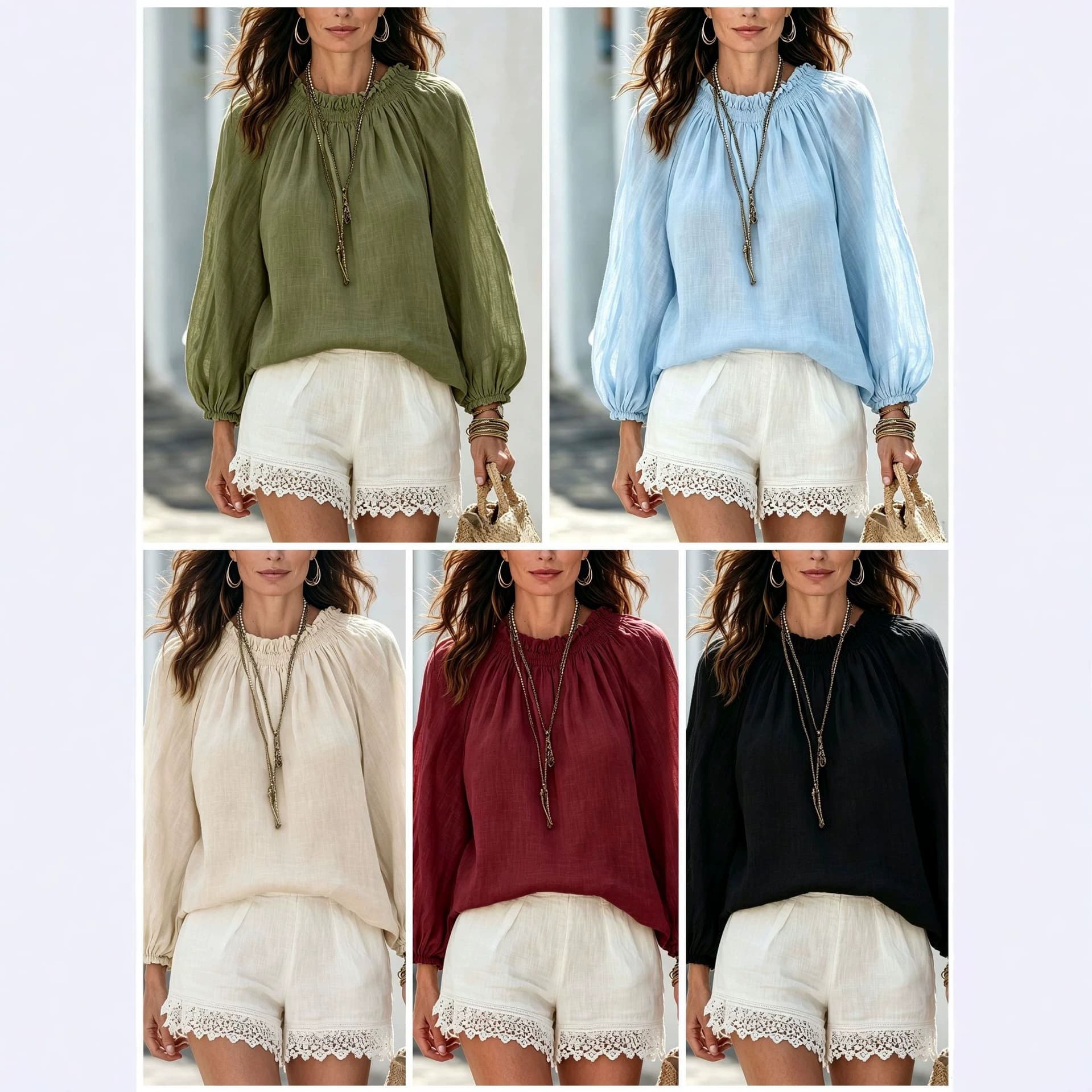 2026 Spring/Summer Fashion New European and American Style Loose Bubble Sleeve Solid Color Shirred Neck Casual Vacation Cotton Linen Top