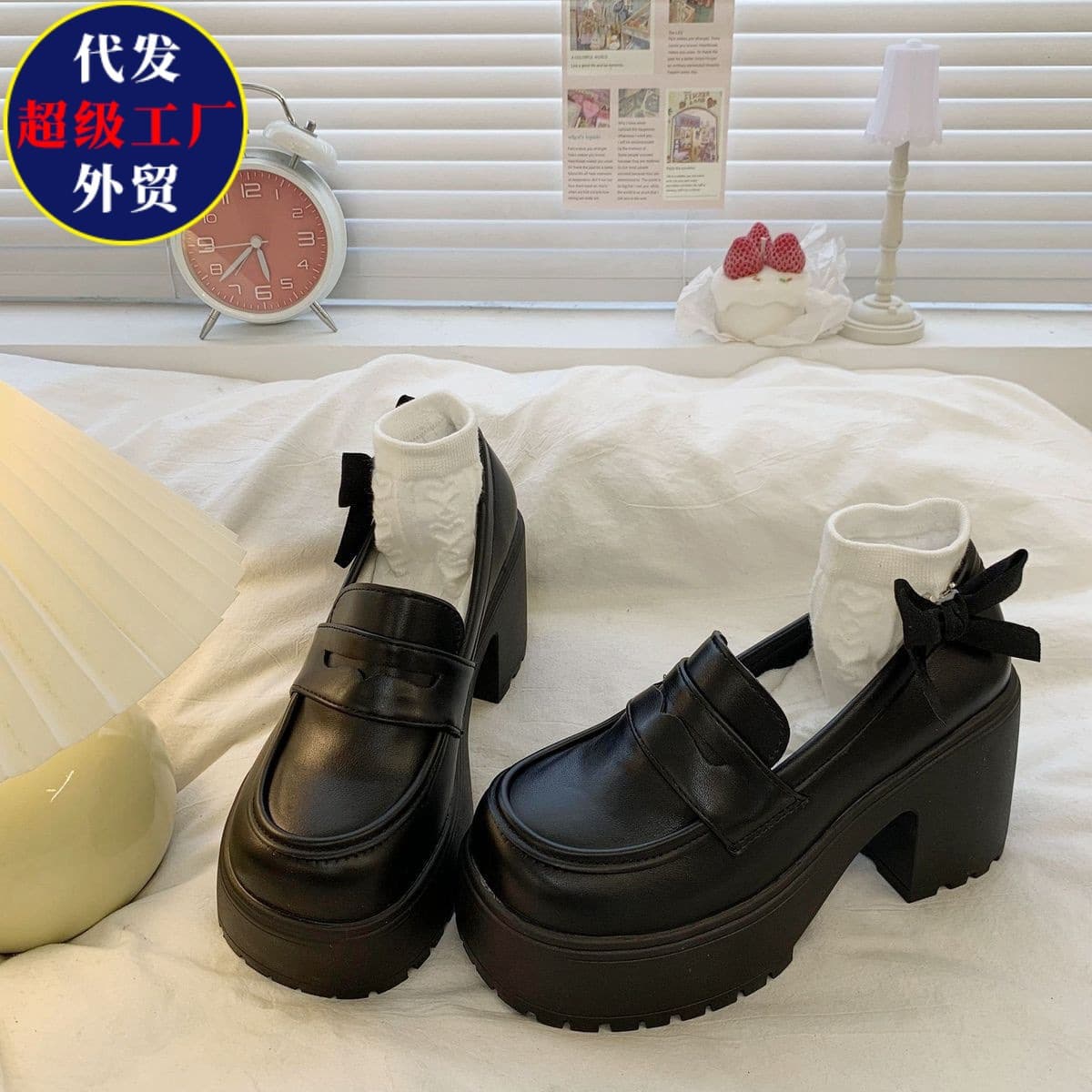 Black super high heel British style small leather shoes for women 2026 new spring thick heel thick sole retro French Mary Jane shoes