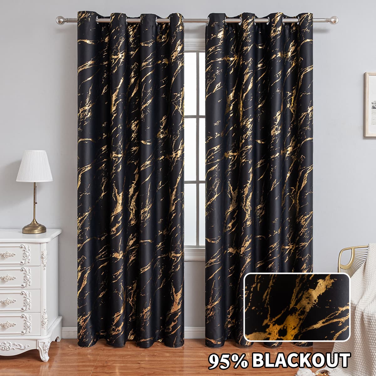 Cross-border Gold Foil Stamping and Silver Foil Marble High-Precision Blackout Curtains with Perforated Living Room Sun-Protection Curtains