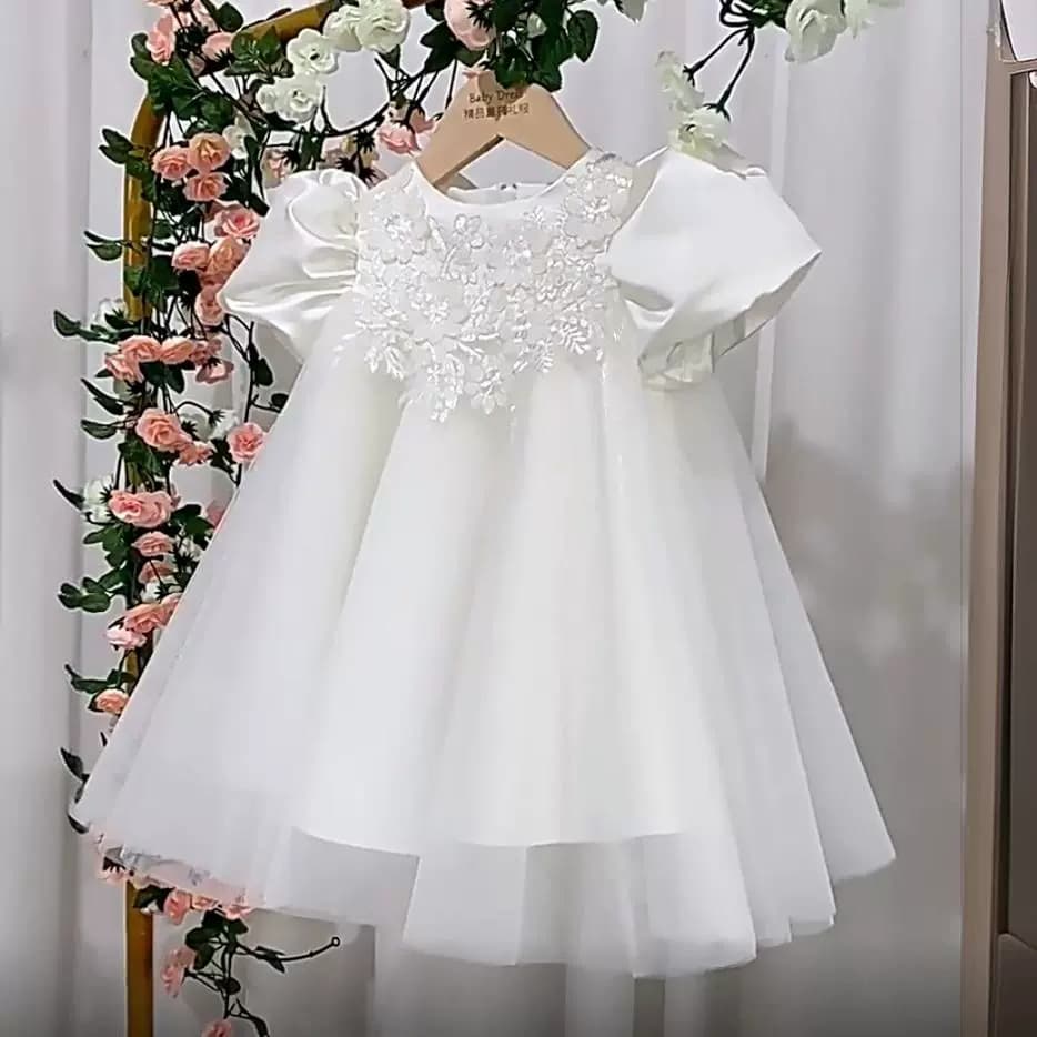 Baby Girl First Birthday Gown High-End Elegant Birthday Wedding Princess Dress European American Toddler 100-Day Dress Puff Sleeve