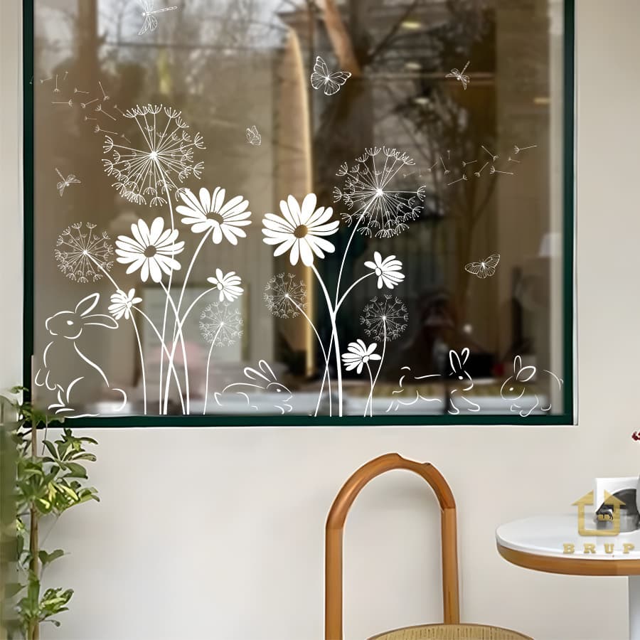 BR-UV4028E Daisy Dandelion White Butterfly Rabbit Wall Sticker Electrostatic Sticker Glass Sticker Window Decoration Sticker