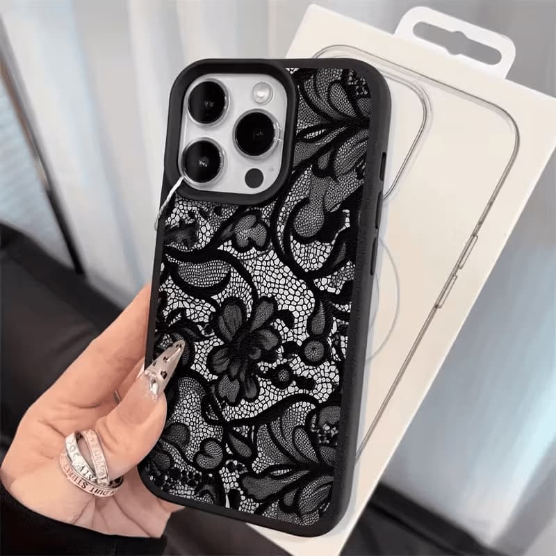 Black Vintage Lace Compatible with 17 Pro Max Phone Case, Faux Leather Texture, 16 Plus Large Hole, 15 Pro Simple Style 14/13