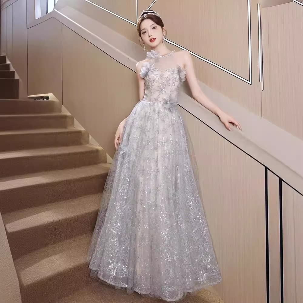 Halter neck evening dress 2026 new light luxury niche vocal art exam annual meeting dinner host evening dress