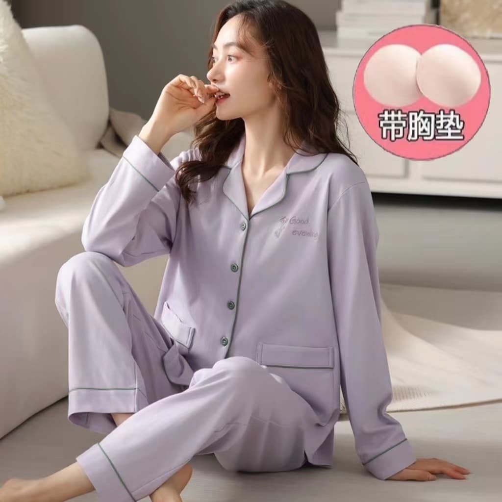 100% Cotton Pajama Set for Women with Built-in Bra, Spring/Autumn Long Sleeve and Long Pants, Sweet Simple Cartoon Loungewear