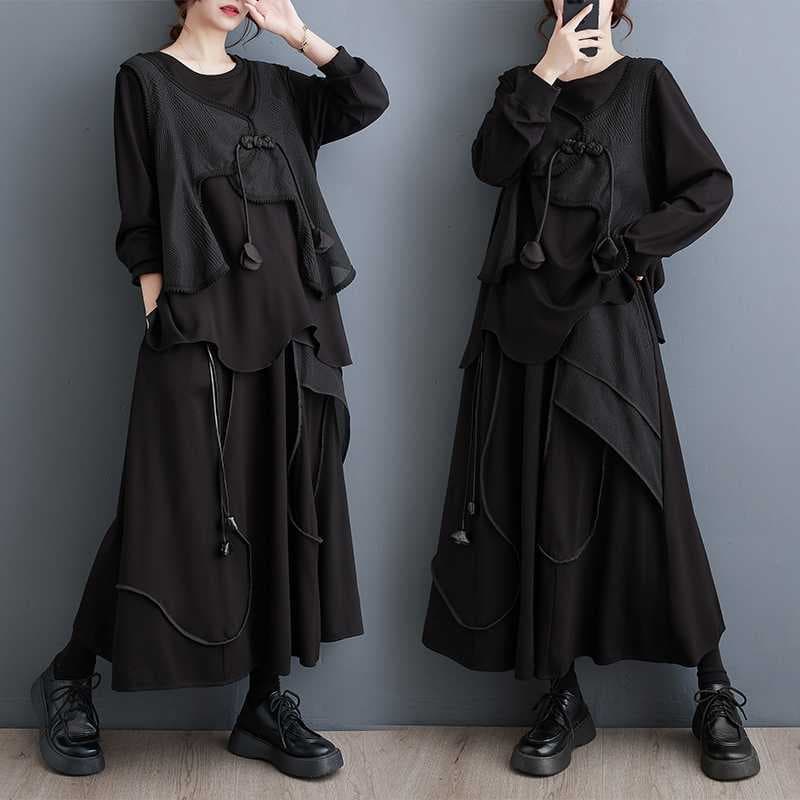 Real Shot 2025 Autumn/Winter New Arrival Loose Literary Fake Two-Piece Asymmetric Versatile Top Fashion Skirt Two-Piece Set