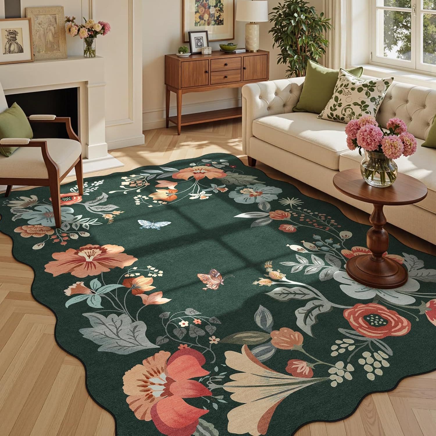 French Countryside Floral Crystal Velvet Carpet, High-End Full Coverage for Living Room Sofa, Stain-Resistant, Durable, Easy-to-Clean Coffee Table Rug