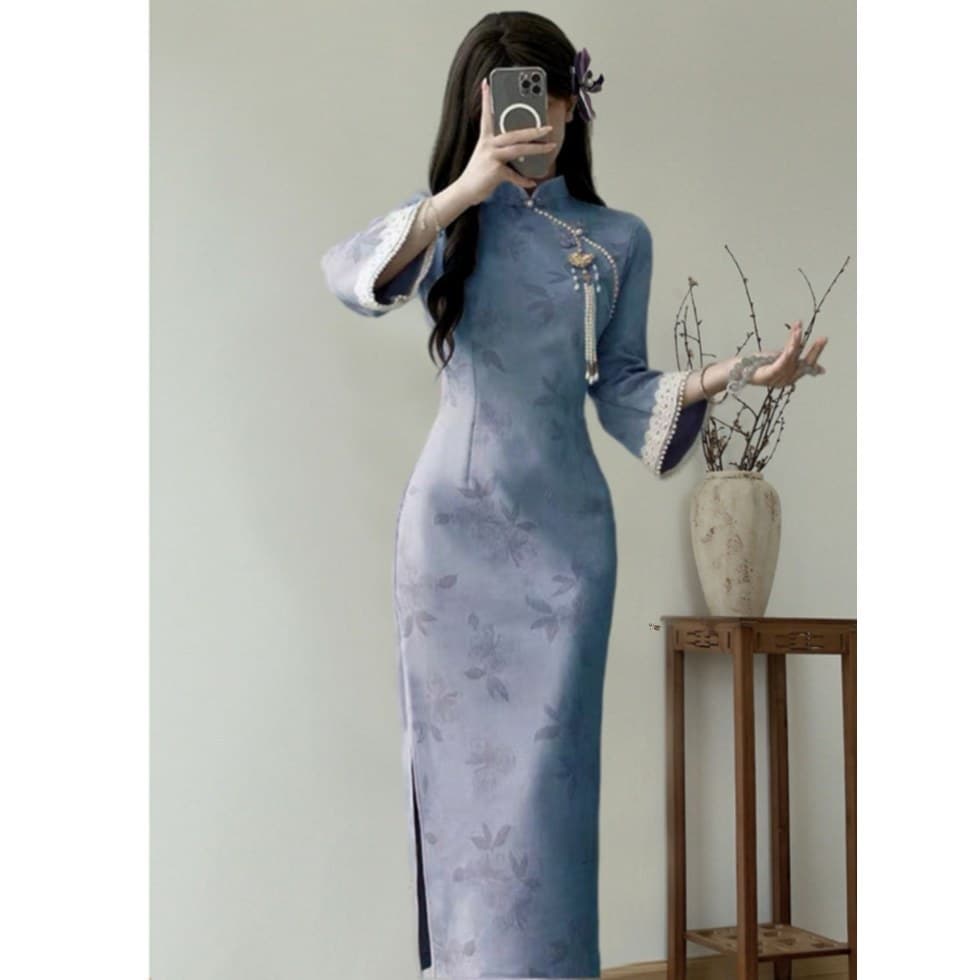 Blue new Chinese style spring and autumn 2025 new high-end slim-fitting cheongsam that young ladies of the Republic of China can wear at work