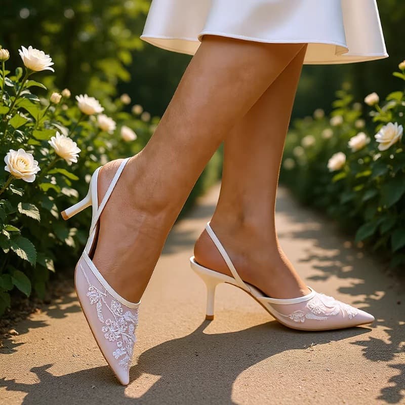 2025 Model Back Strap Women's Elegant Stiletto Heels Pointed Toe Closed Toe White Embroidered Beaded Mesh Sandals Women's Wedding Shoes