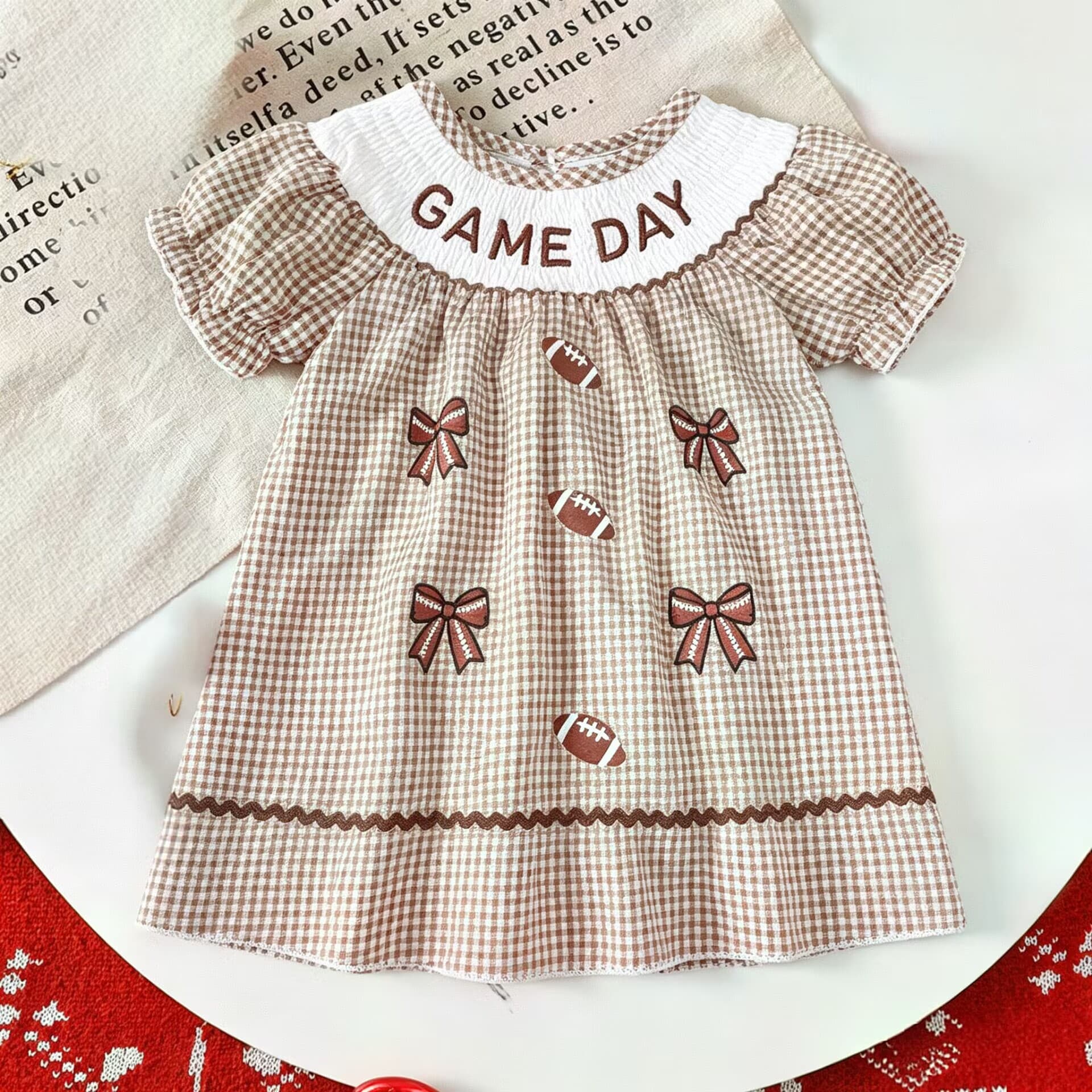 Game Day Rugby Girls Dress Brown Checkered Puff Sleeve Bow Embroidered Baby Sports Skirt
