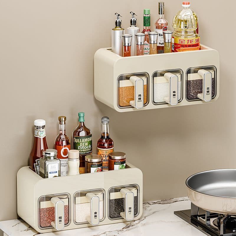 Wall-mounted Spice Rack Home Salt Container Storage Box Combination Set Kitchen Seasoning Organizer Shelf