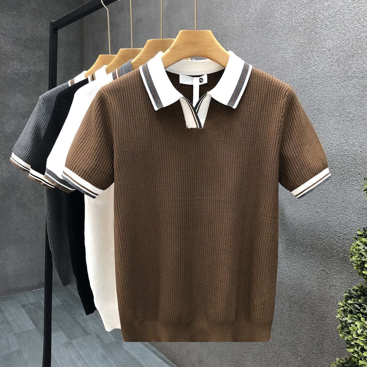 Simple Light Luxury Lapel Thin Knit T-Shirt Men's Trendy Casual Ice Silk Short Sleeve Sweater Men's Summer Half Sleeve