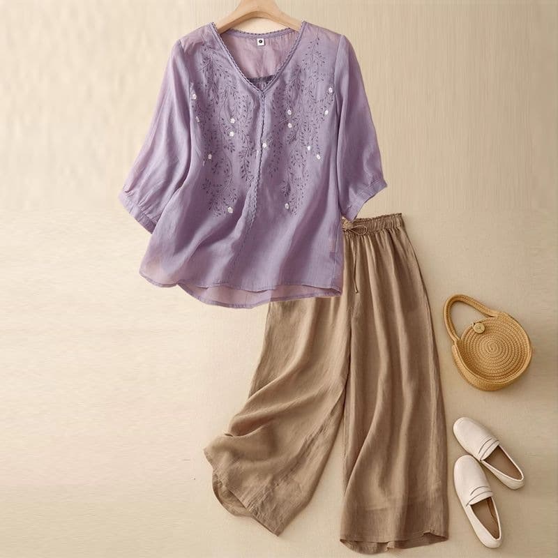 Summer cotton and linen suit for middle-aged and elderly mothers, women's mid-sleeve summer new style, linen casual two-piece set