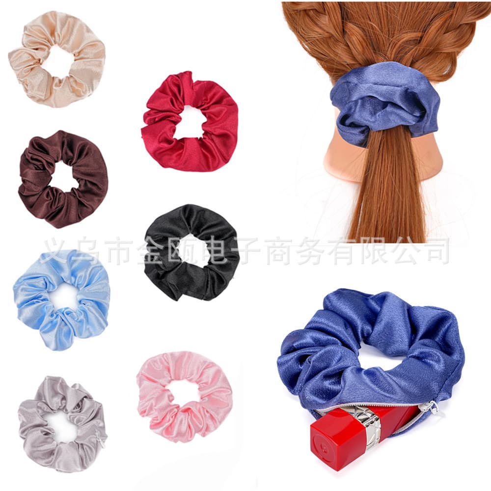 Cross-Border Hot-Selling Retro Satin Hair Band, Pleated Hair Rope, Female Internet Celebrity with Zipper to Hide Lipstick Artifact