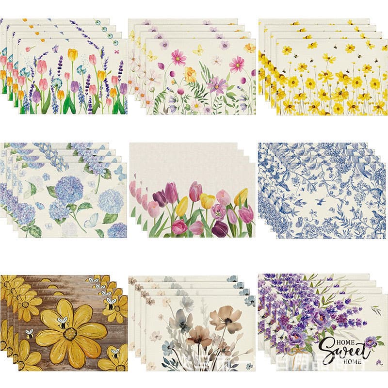 Cross-border Hot Selling Spring/Summer Floral Linen Placemat Printed Heat Insulation Mat Rectangular Western Dining Mat Table Mat Plate Mat Wholesale